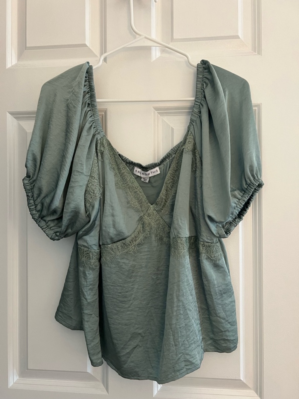 Sage Green Puff Sleeve V-Neck Women's Top